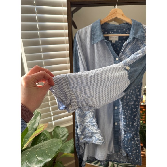 American Eagle Patchwork Striped Floral Denim Button Up Shirt Women Medium Y2K - Picture 3 of 8